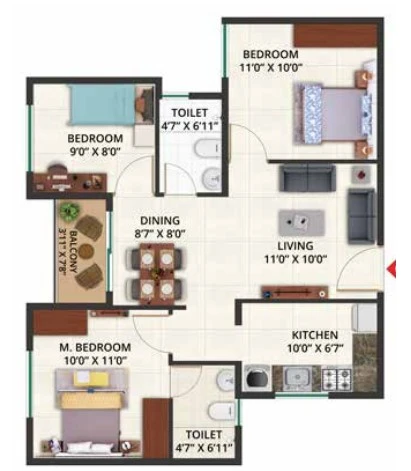 Sattva Aeropolis 3 BHK 1012 sq ft floor plan