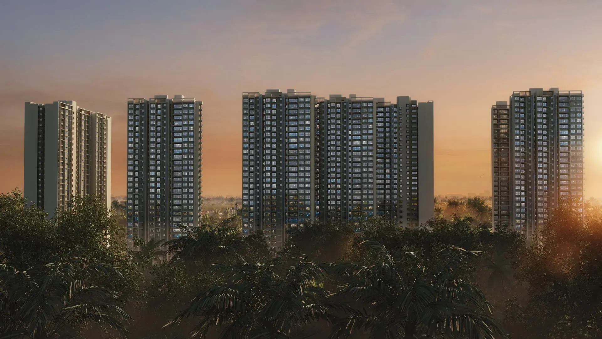 Sattva Lumina tower elevation at sunset