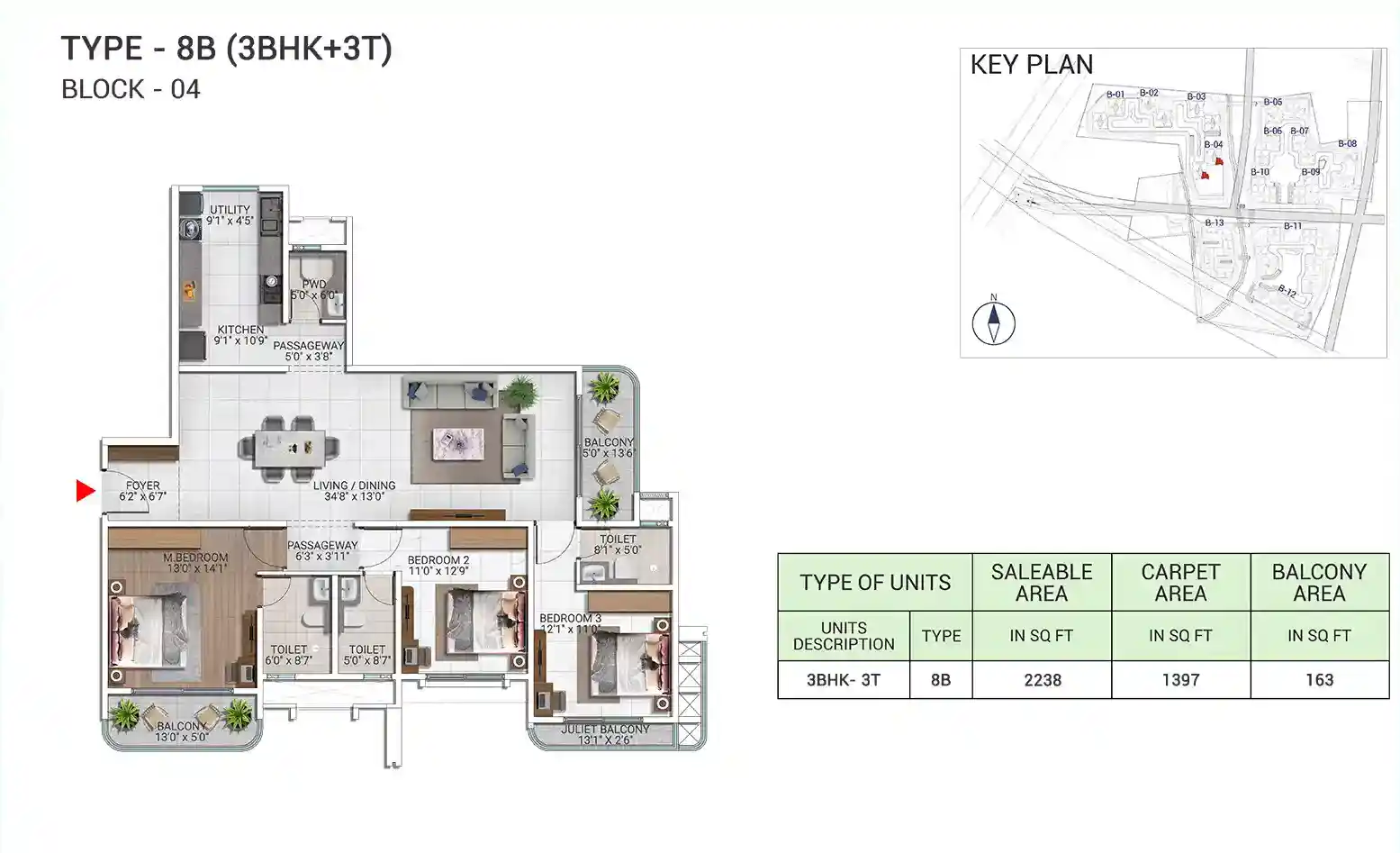 Sattva City 3 BHK floor plan type 8B, 2,238 sq ft saleable