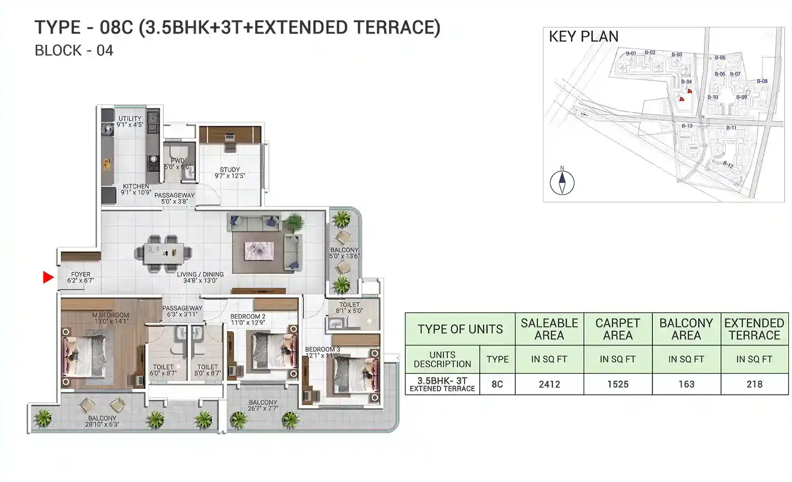 Sattva City 3.5 BHK floor plan type 08C with extended terrace, 2,412 sq ft saleable