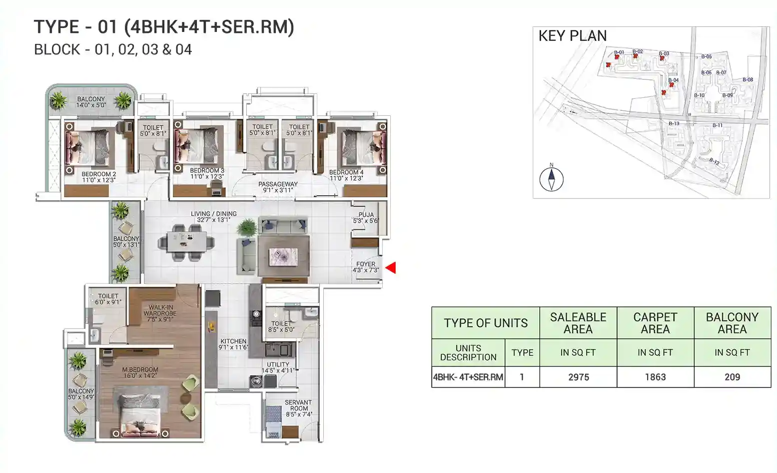 Sattva City 4 BHK floor plan type 01 with servant room, 2,975 sq ft saleable