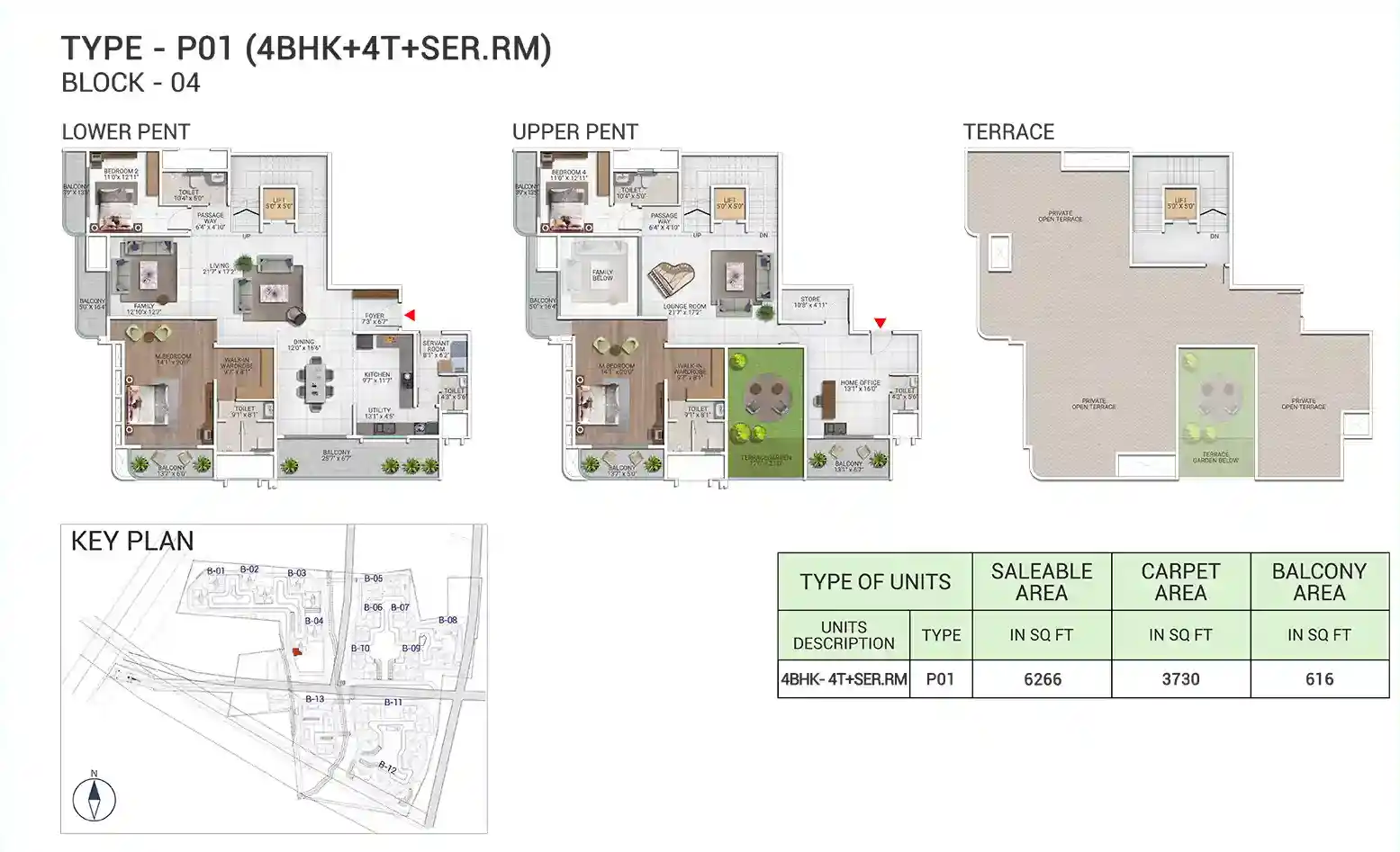 Sattva City 4 BHK duplex penthouse floor plan type P01, 6,266 sq ft saleable