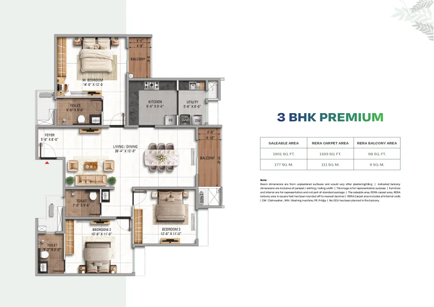 TVS Emerald Altura 3 BHK Premium Variant 1 Floor Plan Layout