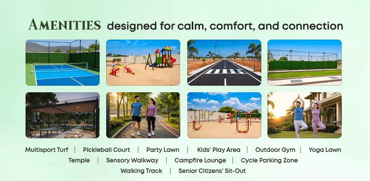 Adissia New Meadows amenities collage: pickleball court, kids play area, walking track and outdoor gym