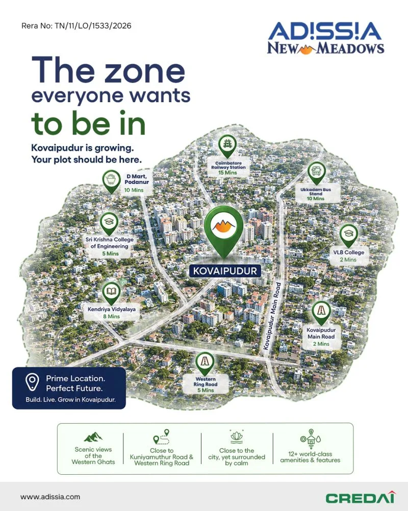 Adissia New Meadows location map showing distances to Coimbatore Railway Station, Sri Krishna College of Engineering and VLB College