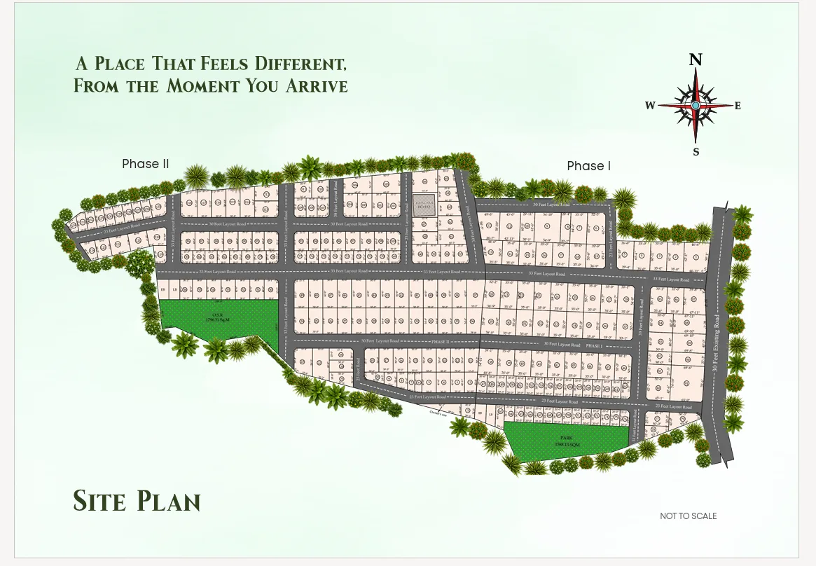 Adissia New Meadows site plan showing Phase I, Phase II, OSR and park zones, Kovaipudur Coimbatore