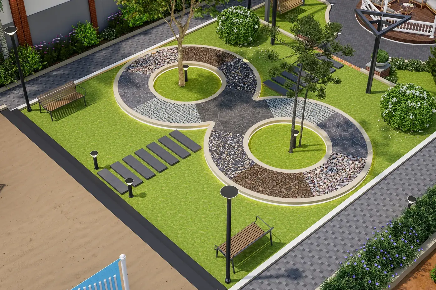 Adissia Regal Arch acupressure walkway with circular pebble paths and benches