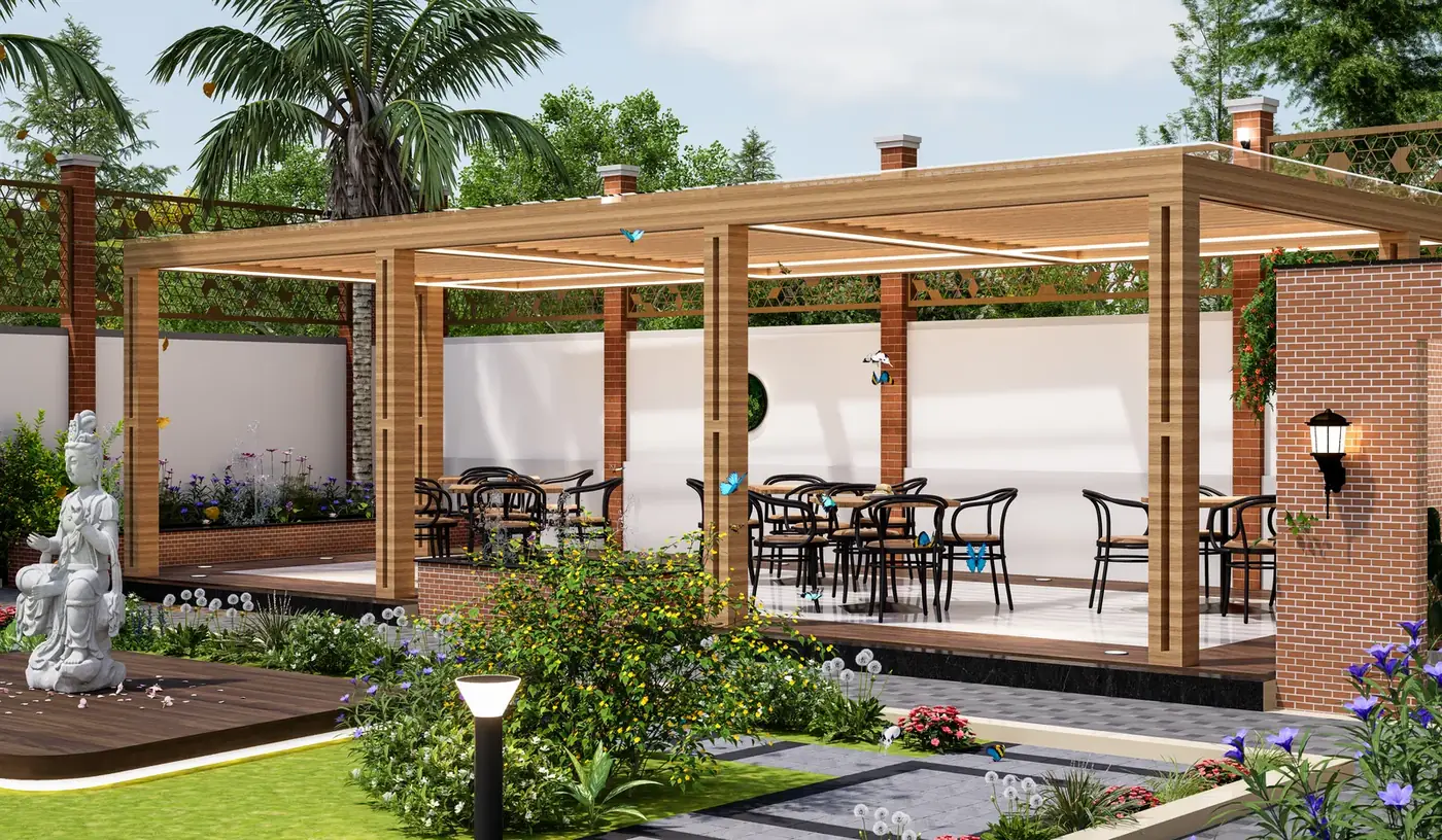 Adissia Regal Arch celebration lounge pergola with dining seating
