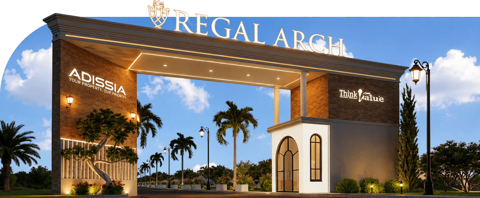 Adissia Regal Arch illuminated British-style entrance arch with Regal Arch crest signage, Neelambur Coimbatore