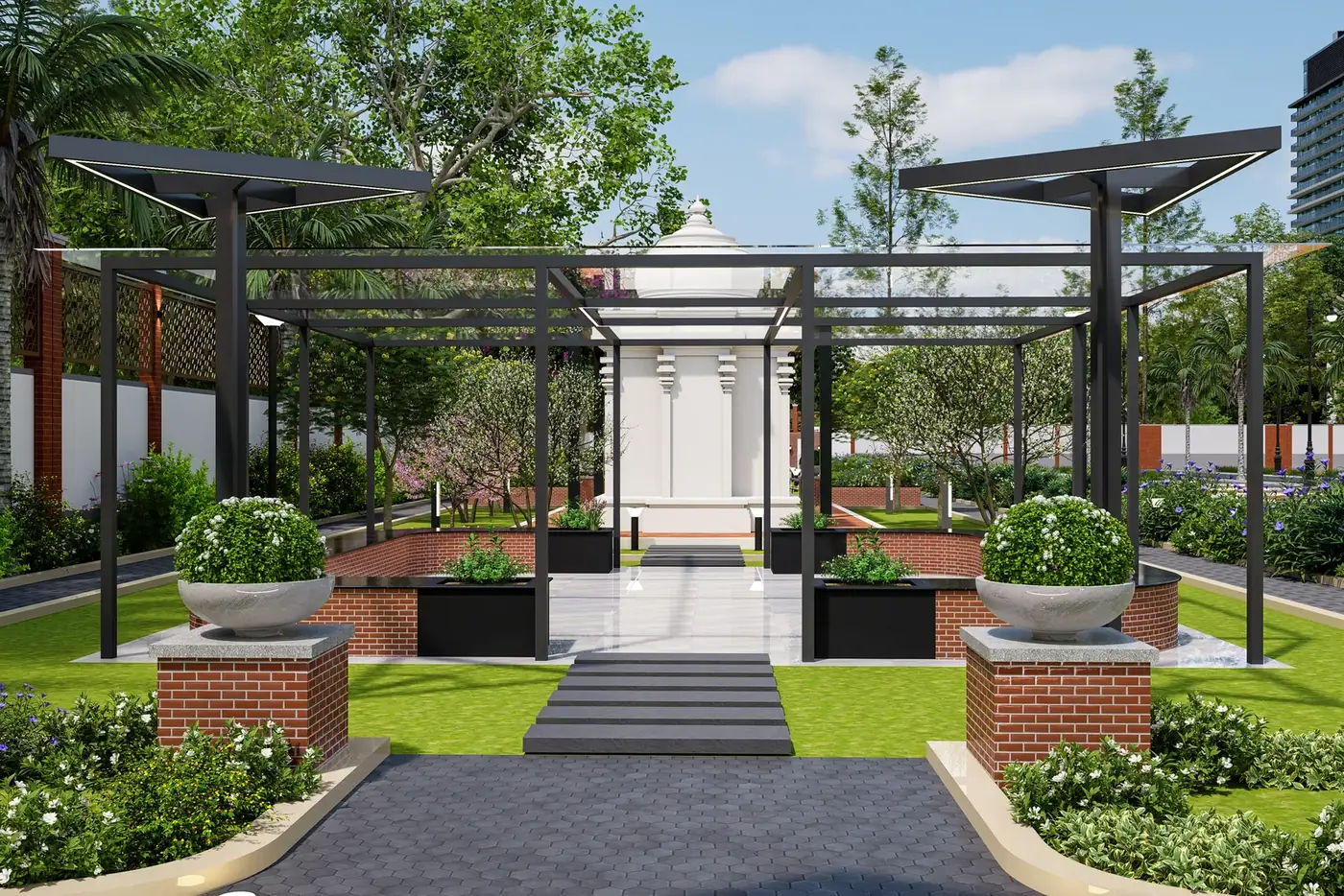Adissia Regal Arch leisure zone with pergola and raised planters