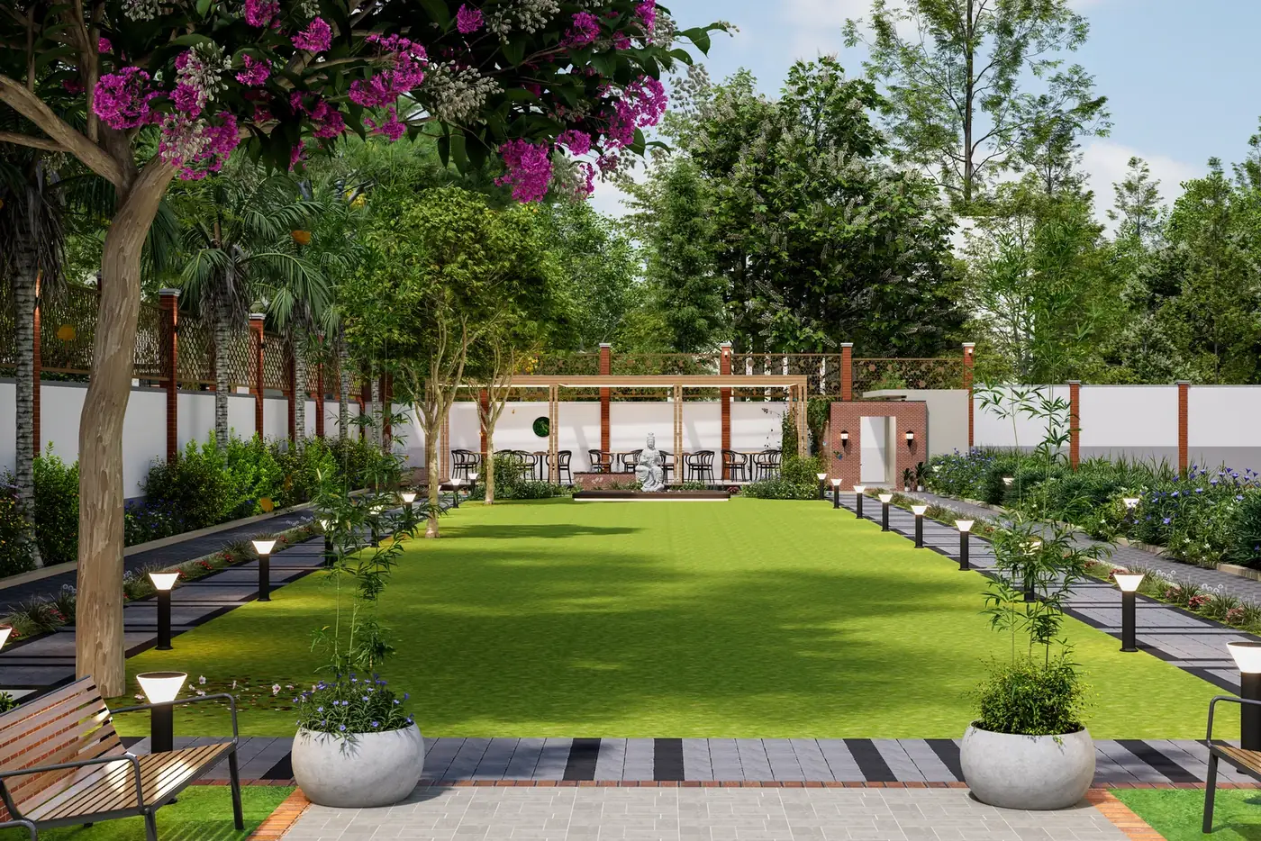 Adissia Regal Arch party lawn with lamp-lit walkway and pergola seating