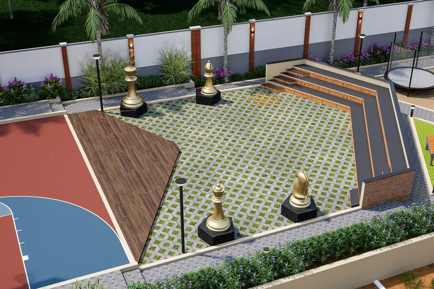 Adissia Regal Arch sculpture deck with giant chess pieces and tiered seating