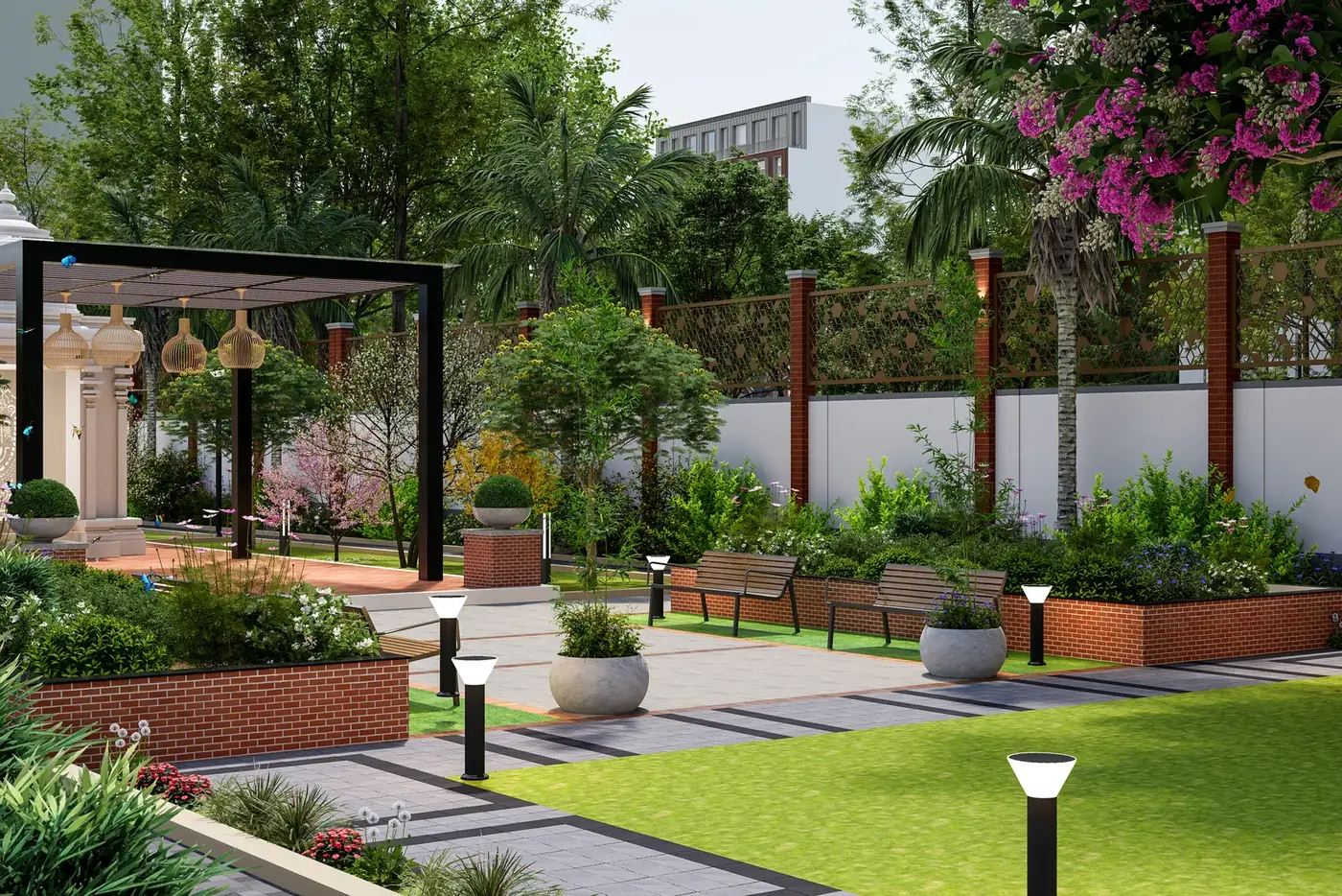 Adissia Regal Arch Tecoma garden with flowering planters and seating
