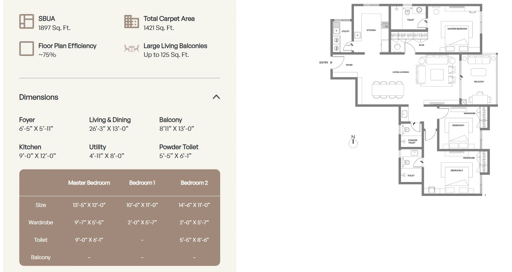 Assetz Meru & Meadows 3 BHK 1,897 sq ft floor plan layout