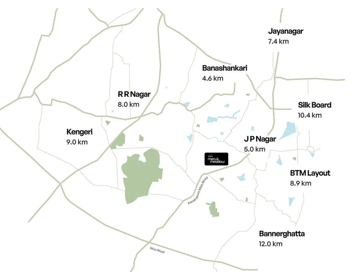 Assetz Meru & Meadows location map showing distance to JP Nagar, Banashankari, Jayanagar and Silk Board