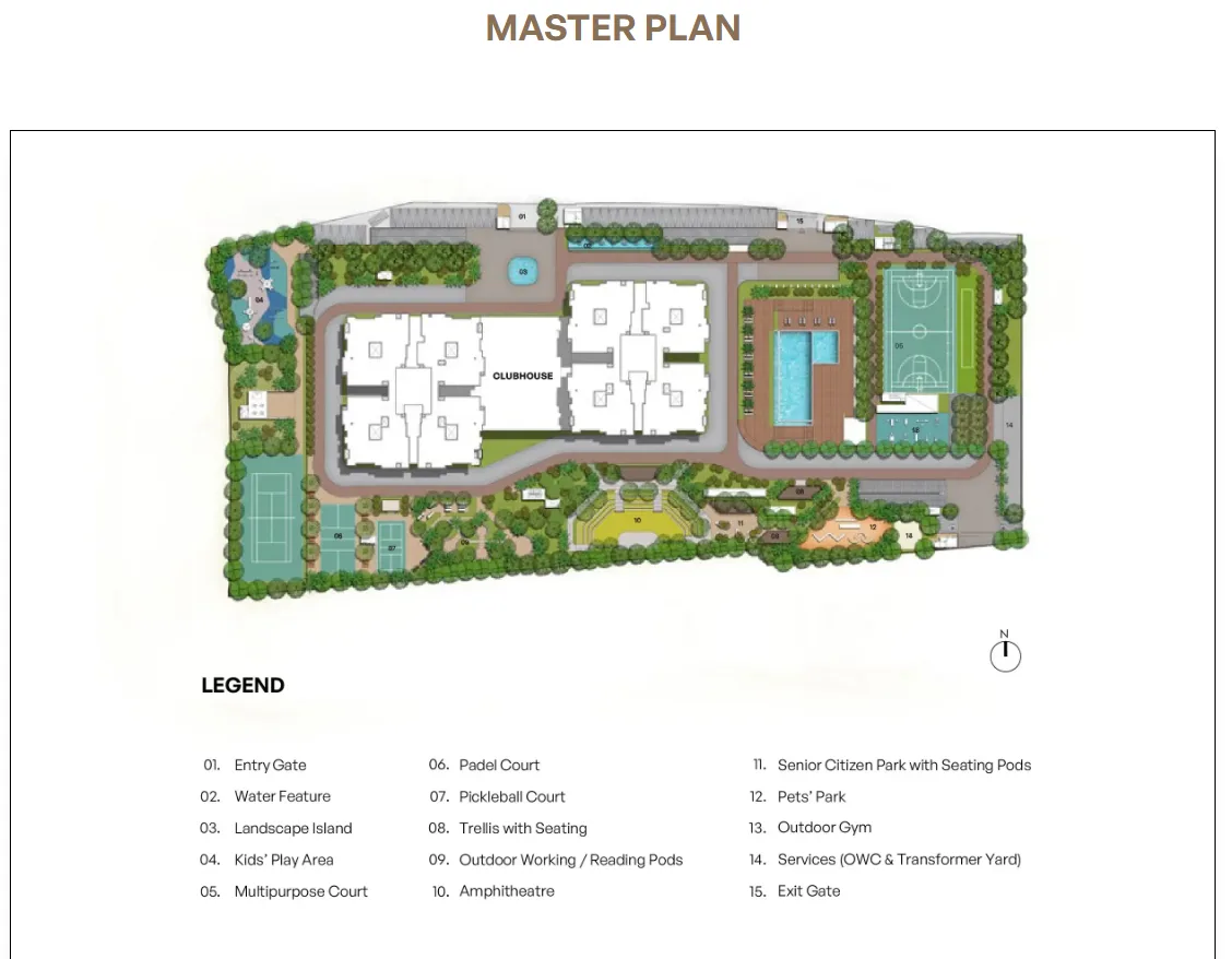 Assetz Meru & Meadows master plan with clubhouse, pool and amenity layout, Kanakapura Main Road