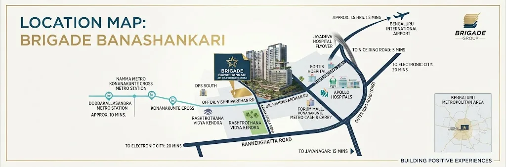 Map of Banashankari 5th Stage with metro and main roads
