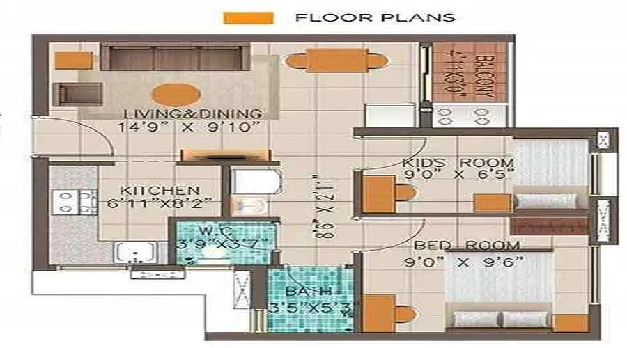 Brigade Banashankari sample 2 BHK floor plan with living and dining, kitchen, two bedrooms and balcony
