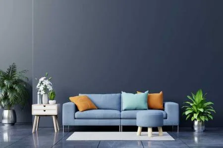 Brigade Banashankari representative interior styling, minimal living room with blue sofa