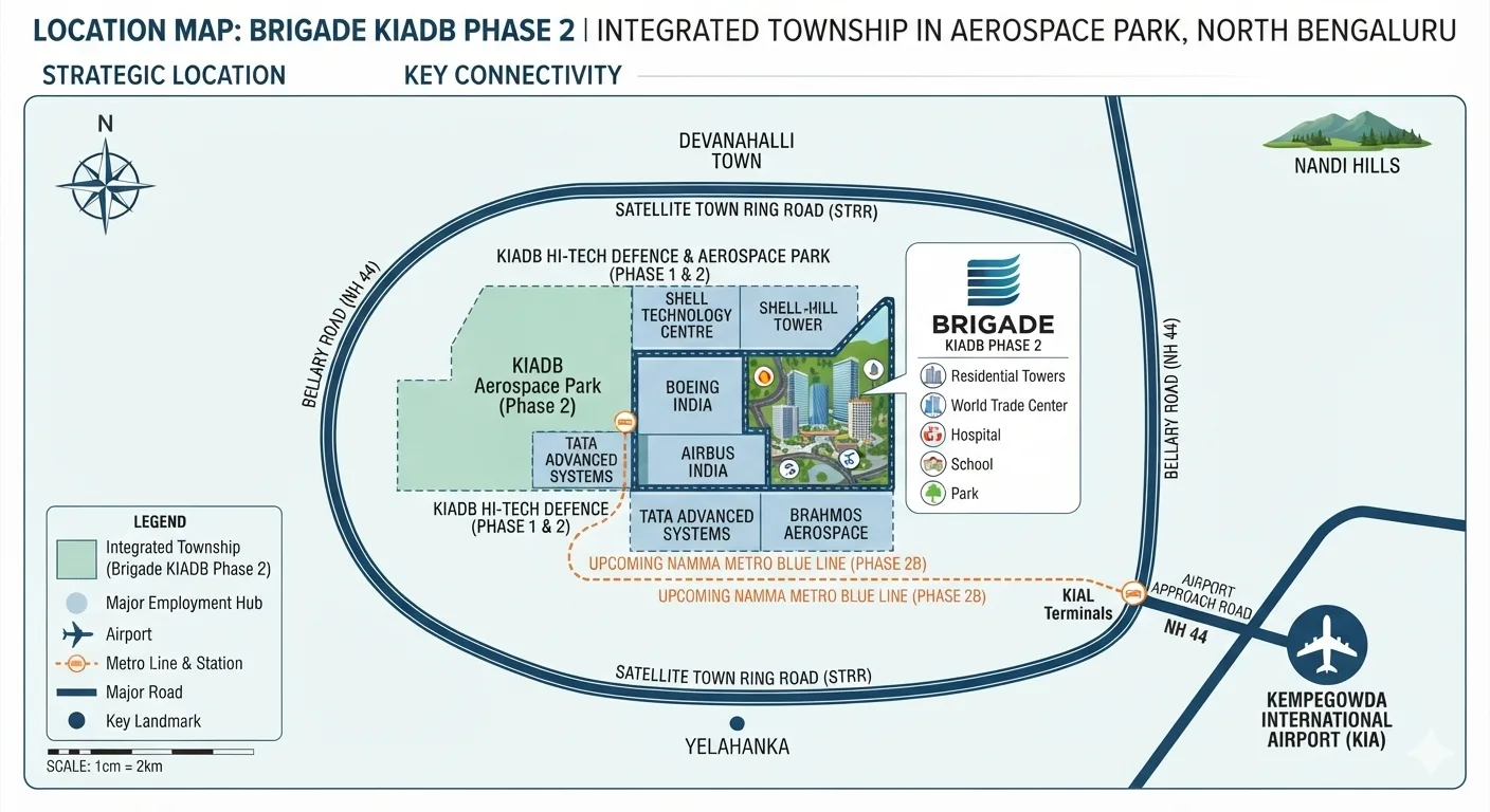 Brigade KIADB Phase 2 location map showing KIADB Aerospace Park, Boeing, Airbus and Kempegowda International Airport, Devanahalli