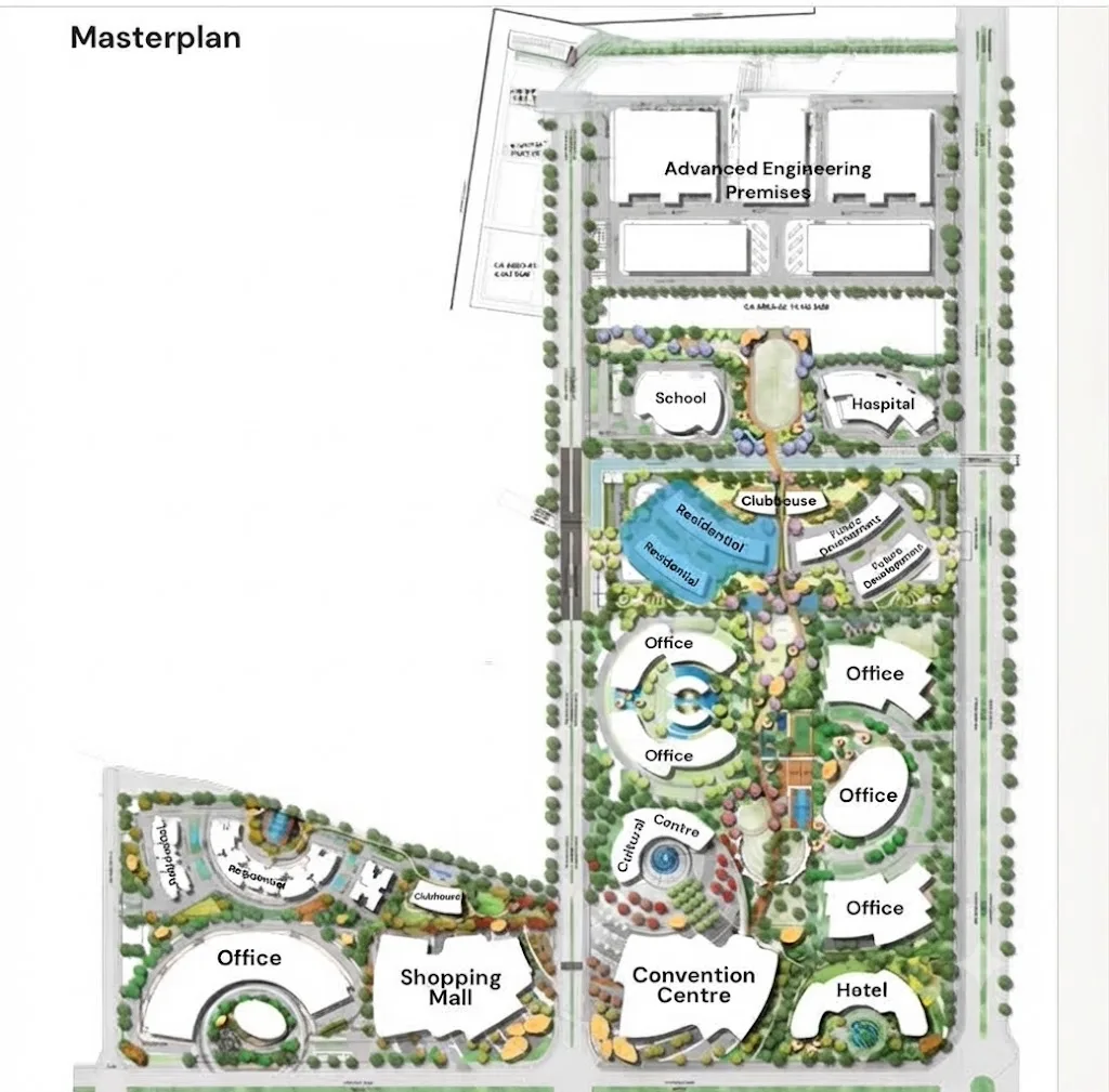 Brigade KIADB Phase 2 master plan showing residential towers, WTC office towers, hospital, school, mall and convention centre, Devanahalli