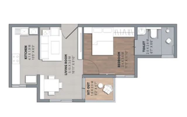 Brigade Orchards Laurel and Maple 1 BHK floor plan layout A, approximately 749 square feet