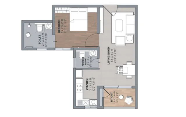 Brigade Orchards Laurel and Maple 1 BHK floor plan layout B, approximately 749 square feet