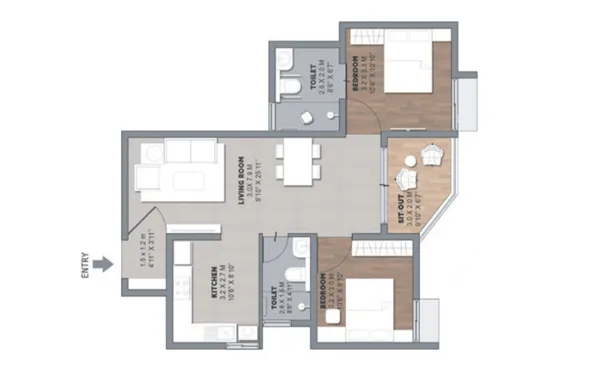 Brigade Orchards Laurel and Maple 2 BHK floor plan layout A, 1224 to 1461 square feet