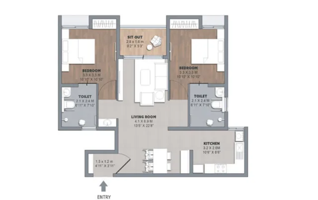 Brigade Orchards Laurel and Maple 2 BHK floor plan layout B, 1224 to 1461 square feet