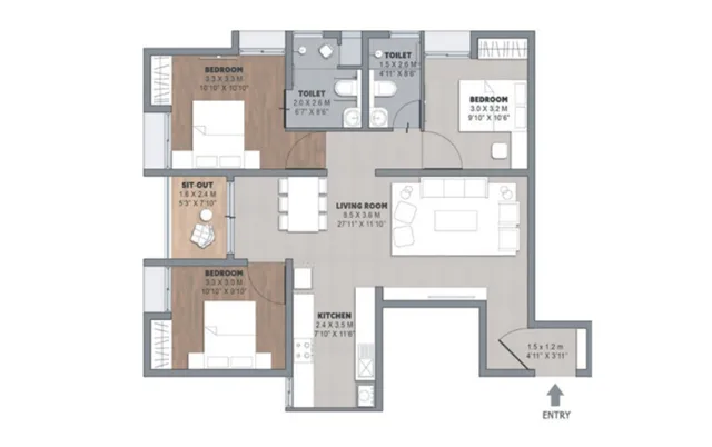 Brigade Orchards Laurel and Maple 3 BHK floor plan layout A, 1510 to 1647 square feet