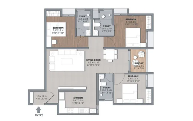 Brigade Orchards Laurel and Maple 3 BHK floor plan layout B, 1510 to 1647 square feet