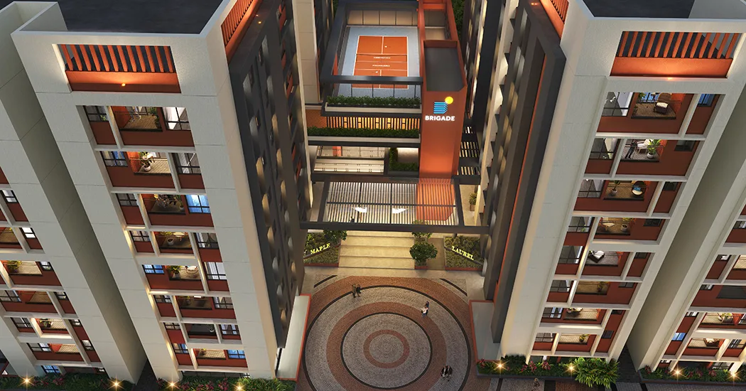 Brigade Orchards Laurel and Maple shared courtyard between towers, Devanahalli