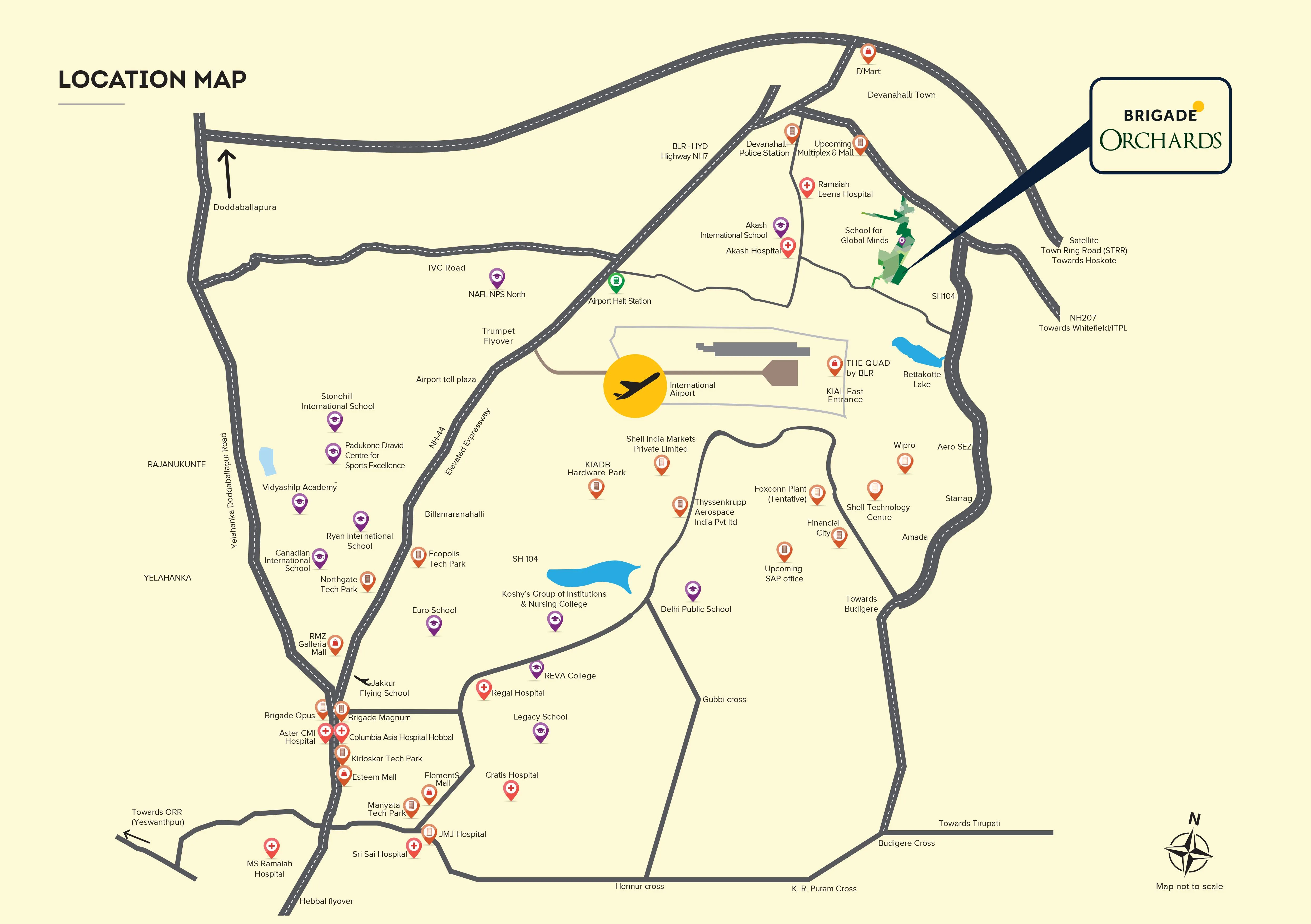 Brigade Orchards location map highlighting proximity to Kempegowda International Airport, Devanahalli