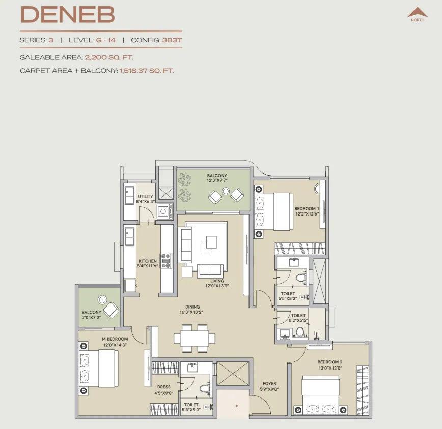Century Codename Blue Moon 3 BHK Deneb Floor Plan