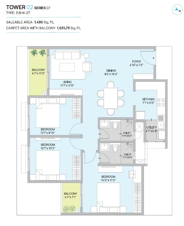 Century Kindle 3 BHK (2 Toilet) Floor Plan