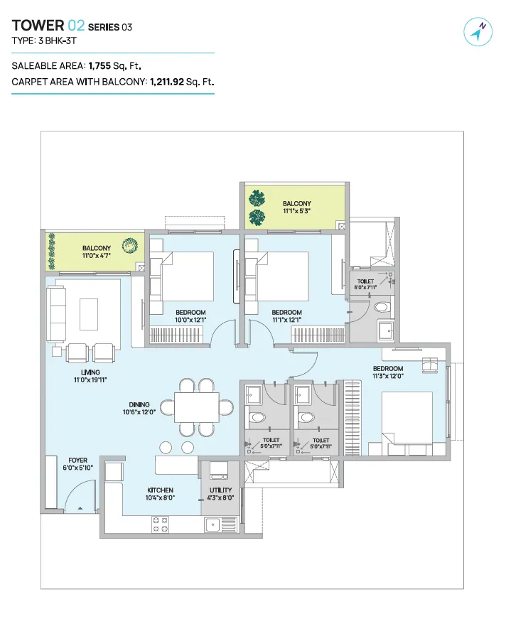 Century Kindle 3 BHK (3 Toilet) Floor Plan