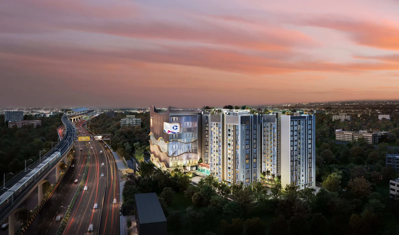 Concorde Mayfair towers at sunset next to the Bellary Road airport corridor