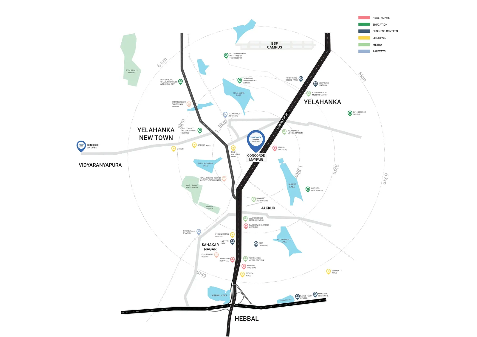 Concorde Mayfair location map showing Bellary Road between Hebbal, Jakkur and Yelahanka