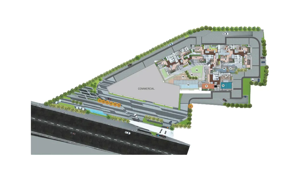 Concorde Mayfair master plan with a commercial block on Bellary Road and four residential towers behind