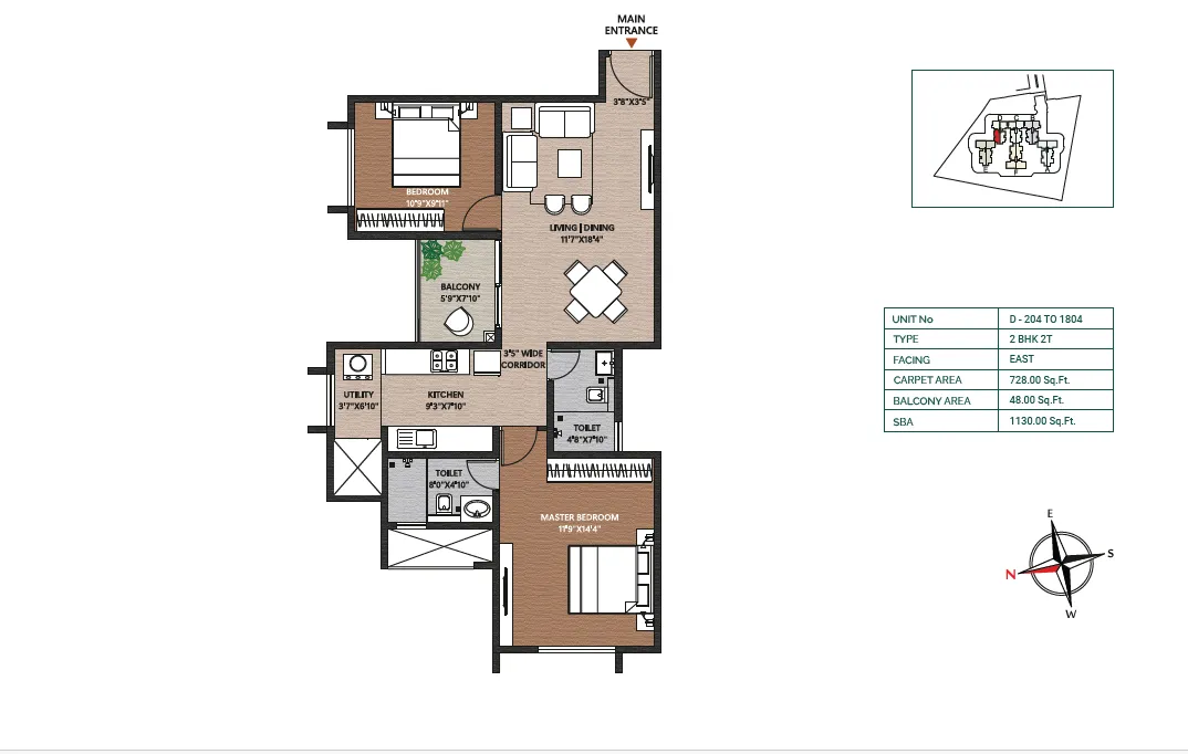 Concorde Neo 2 BHK 1130 sq ft East facing floor plan layout
