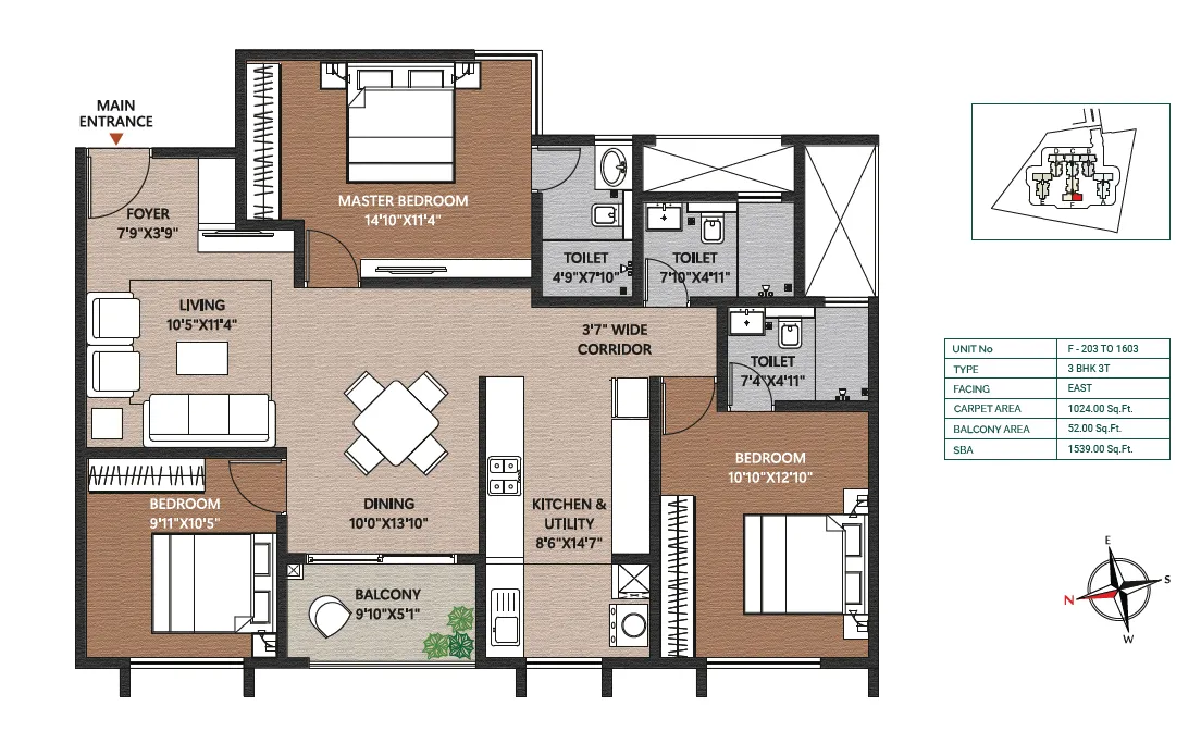 Concorde Neo 3 BHK 3 toilet 1539 sq ft East facing floor plan layout