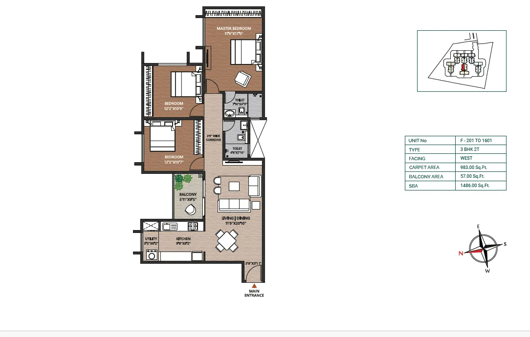 Concorde Neo 3 BHK 2 toilet 1486 sq ft floor plan layout
