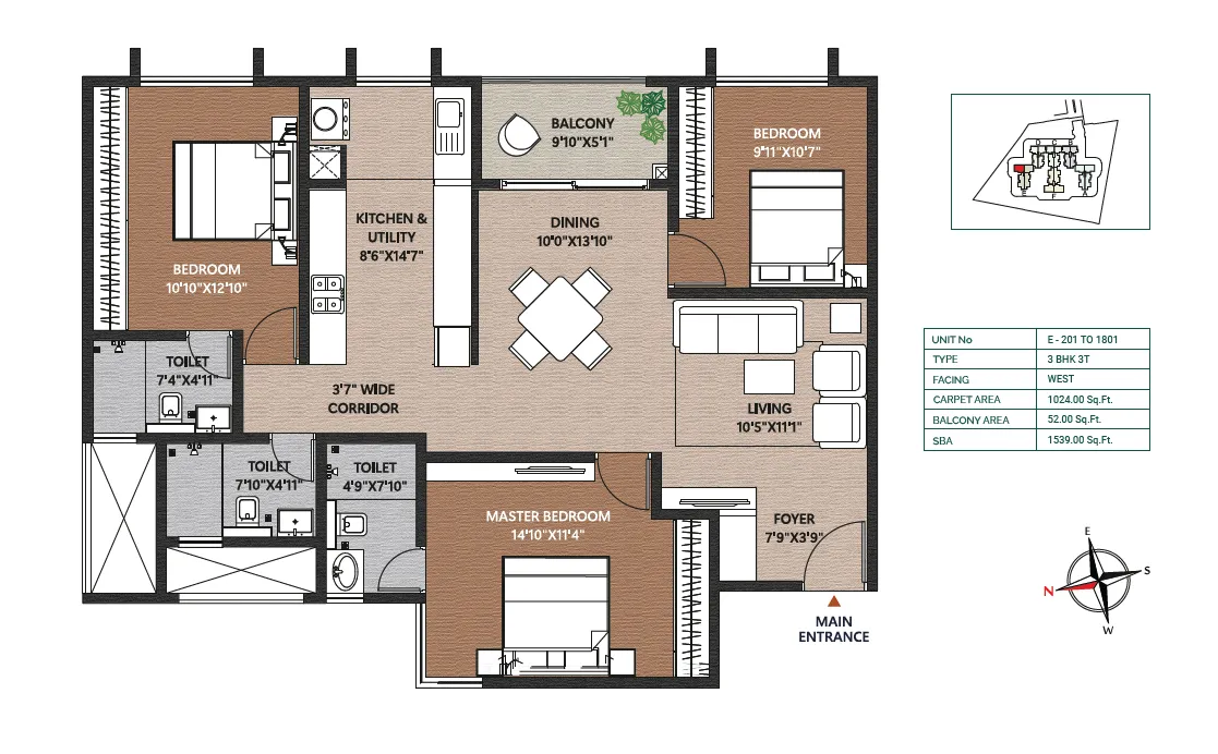 Concorde Neo 3 BHK 3 toilet 1539 sq ft West facing floor plan layout