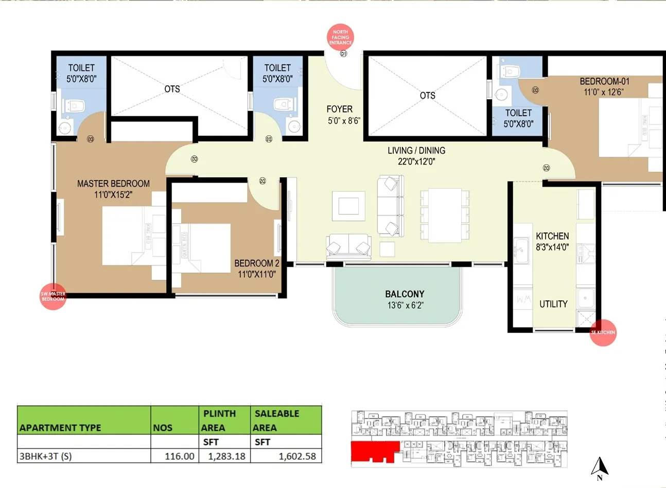 Concorde Sienna 3 BHK 3 toilet compact 1680 sq ft floor plan layout