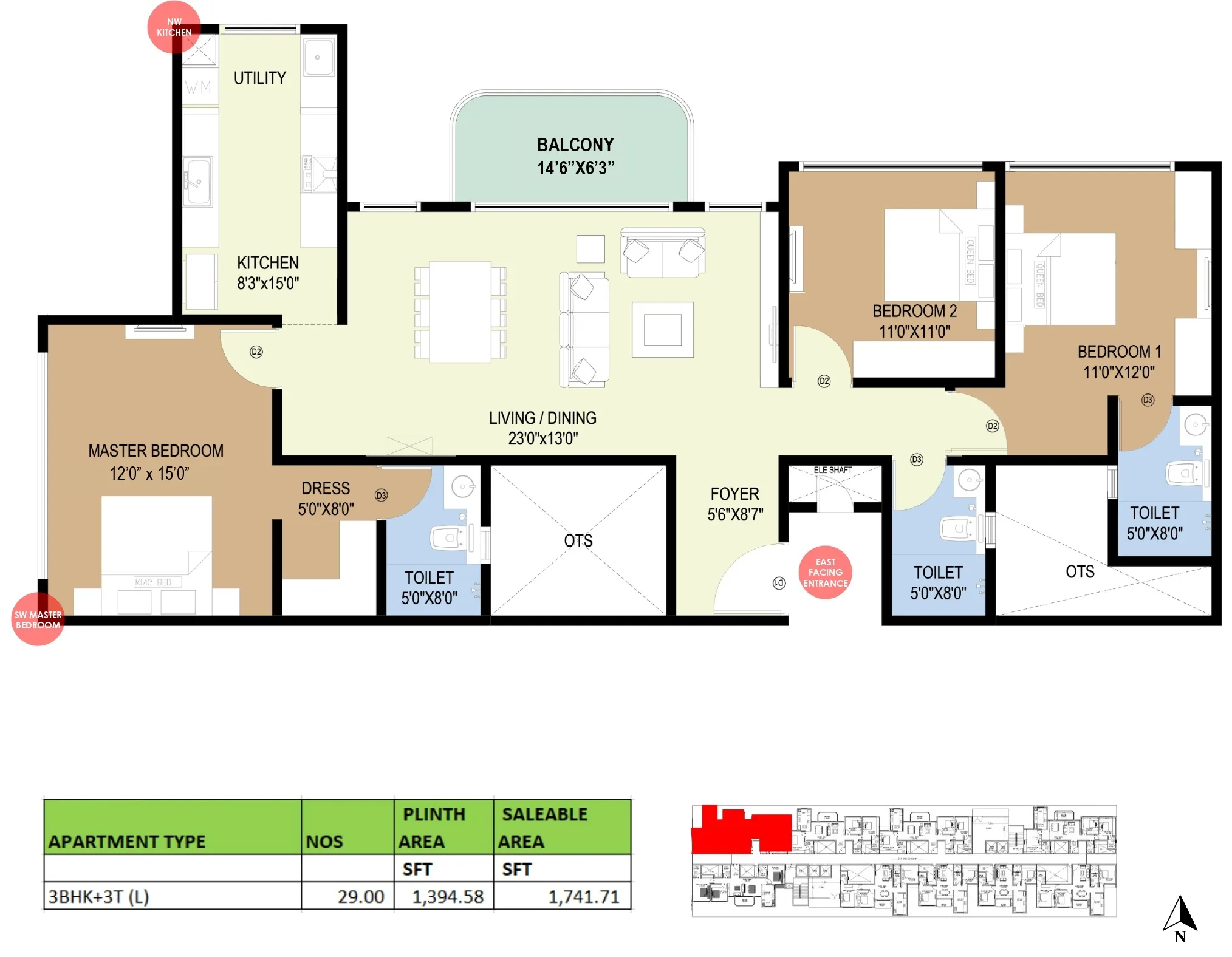 Concorde Sienna 3 BHK 3 toilet large 1870 sq ft floor plan layout