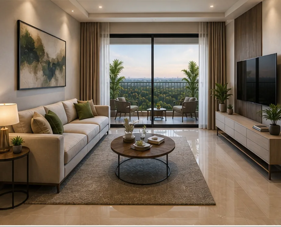 Divyasree The Quiet Side living room interior with balcony view