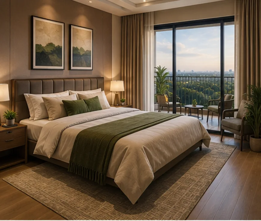 Divyasree The Quiet Side master bedroom interior with wooden flooring