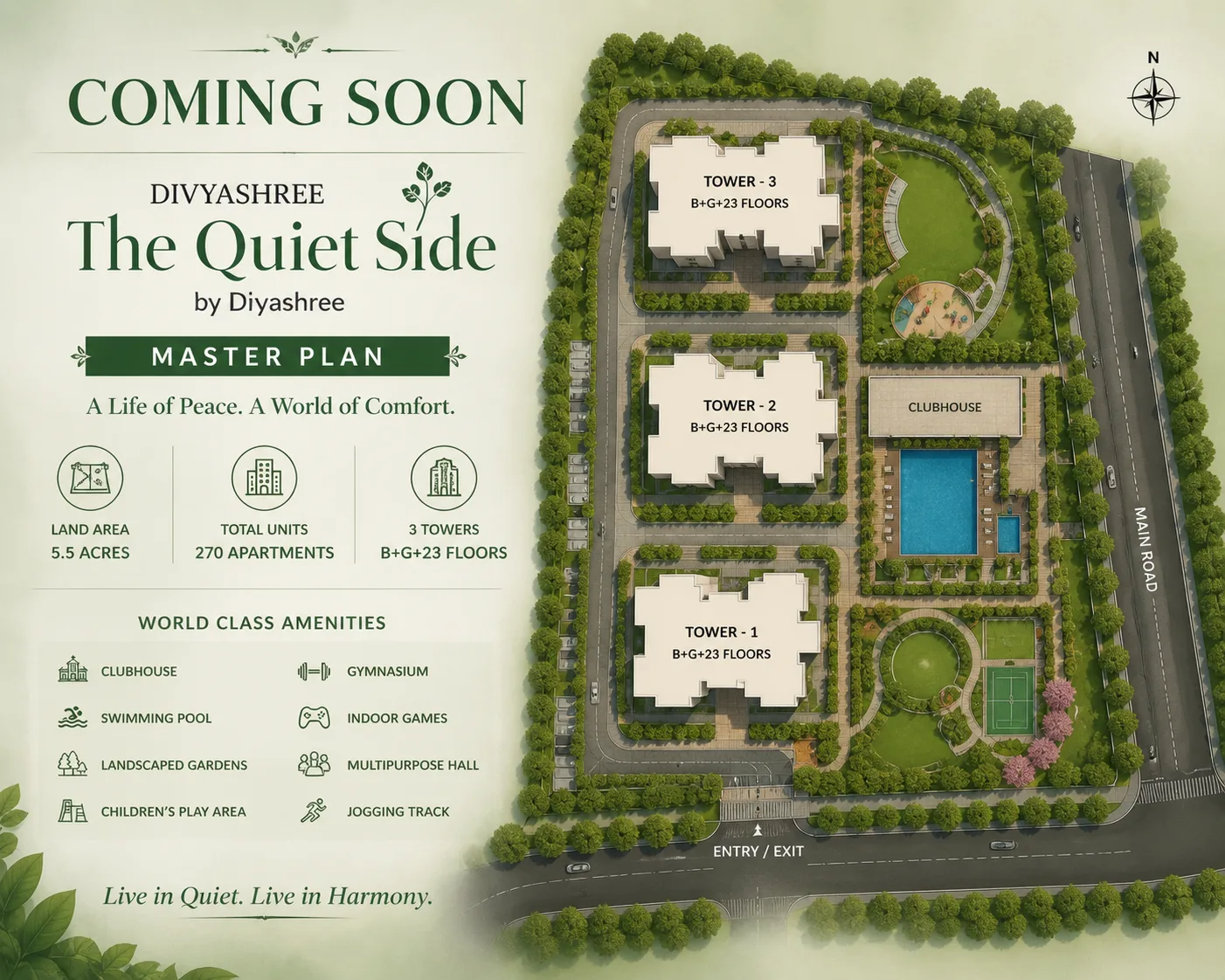 Divyasree The Quiet Side Yelahanka master site plan showing 3 towers, clubhouse and pool