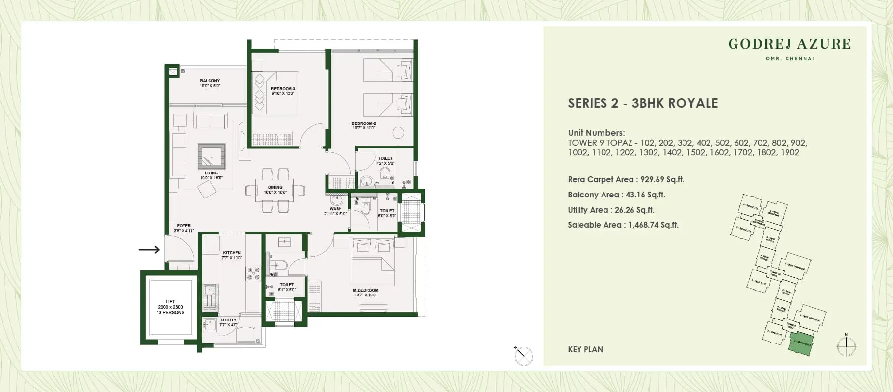 Godrej Azure 3 BHK Elite Royale floor plan layout, 1250 to 1470 square feet