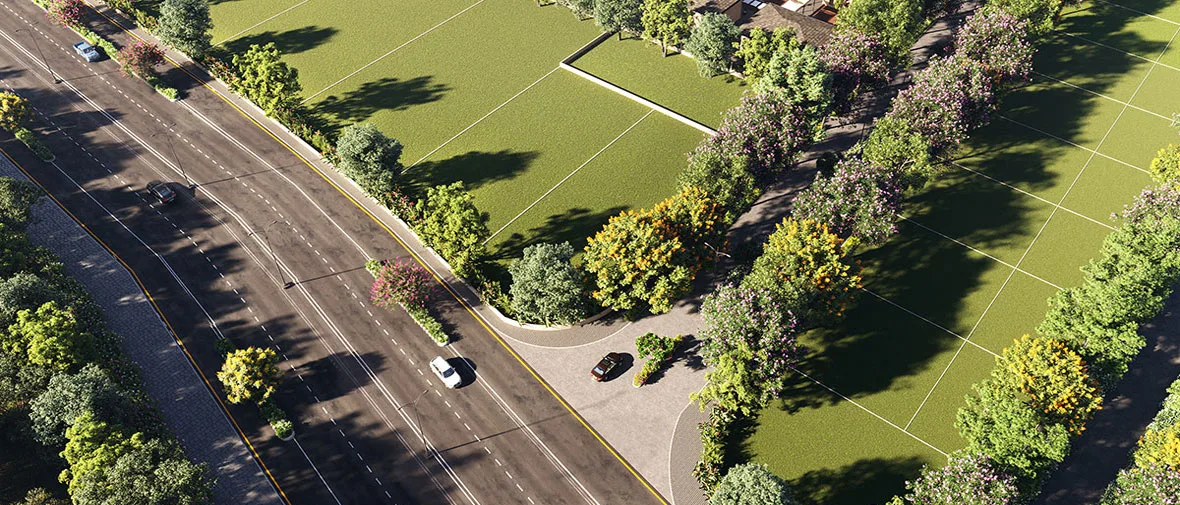 Representative aerial render of plotted layout and entry road for Godrej Plots Coimbatore, Chettipalayam